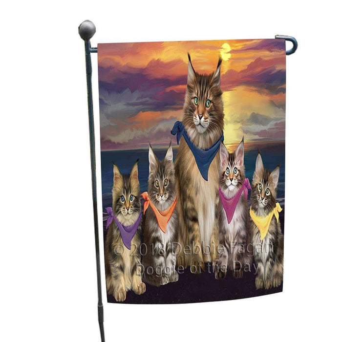 Family Sunset Portrait Maine Coon Cats Garden Flag GFLG52435