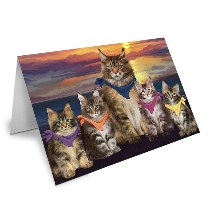Family Sunset Portrait Maine Coon Cats Handmade Artwork Assorted Pets Greeting Cards and Note Cards with Envelopes for All Occasions and Holiday Seasons GCD61499