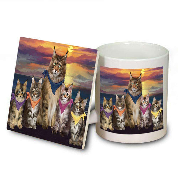 Family Sunset Portrait Maine Coon Cats Mug and Coaster Set MUC52482