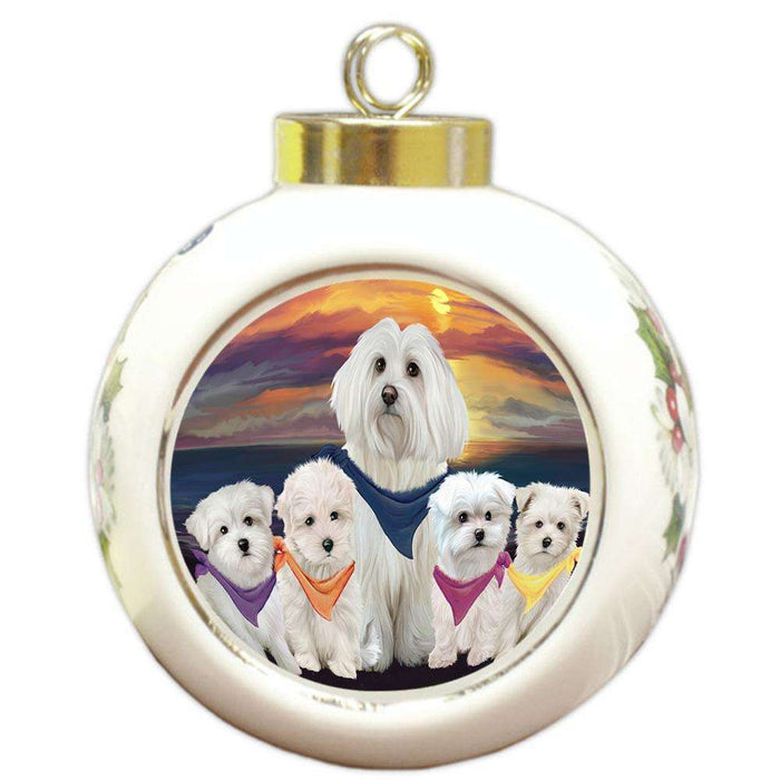 Family Sunset Portrait Malteses Dog Round Ball Christmas Ornament RBPOR50257