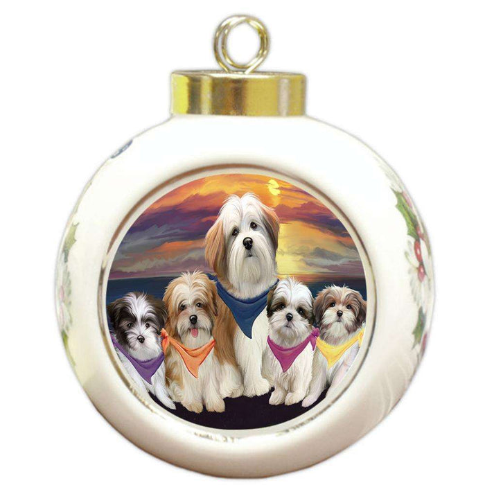 Family Sunset Portrait Malti Tzus Dog Round Ball Christmas Ornament RBPOR50258