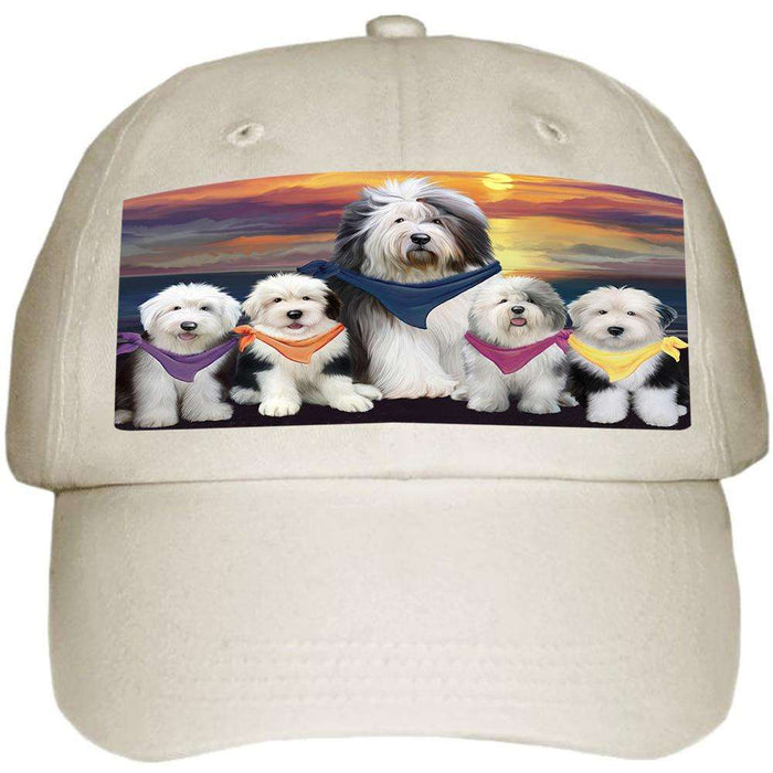 Family Sunset Portrait Old English Sheepdogs Ball Hat Cap HAT54528