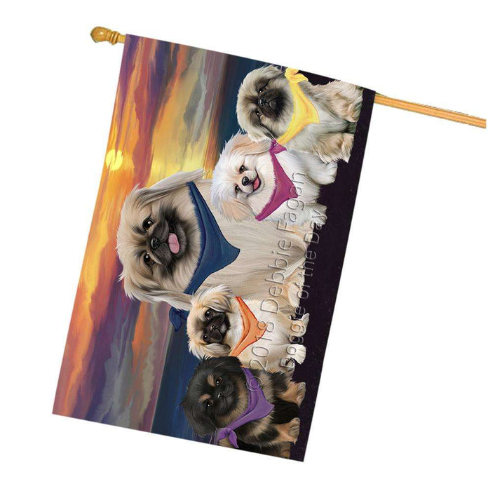 Family Sunset Portrait Pekingeses Dog House Flag FLG50283