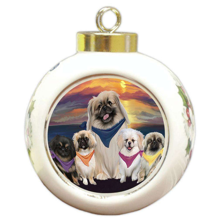 Family Sunset Portrait Pekingeses Dog Round Ball Christmas Ornament RBPOR50260