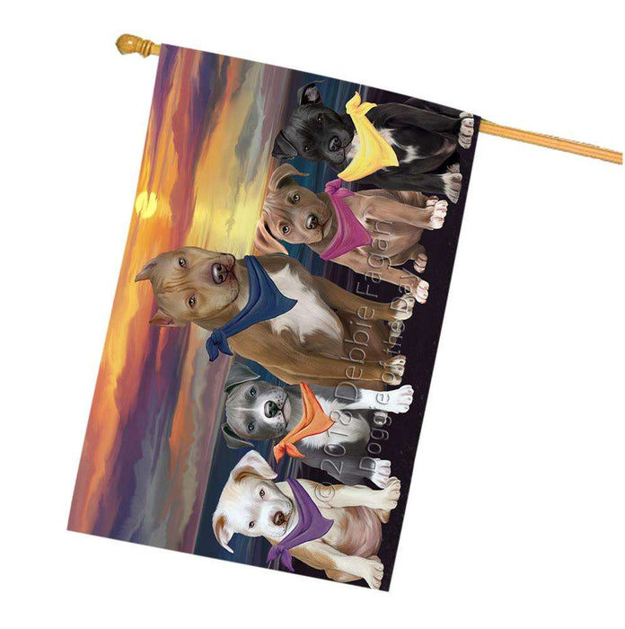 Family Sunset Portrait Pit Bulls Dog House Flag FLG50285