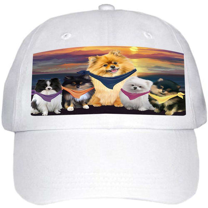 Family Sunset Portrait Pomeranians Dog Ball Hat Cap HAT54540