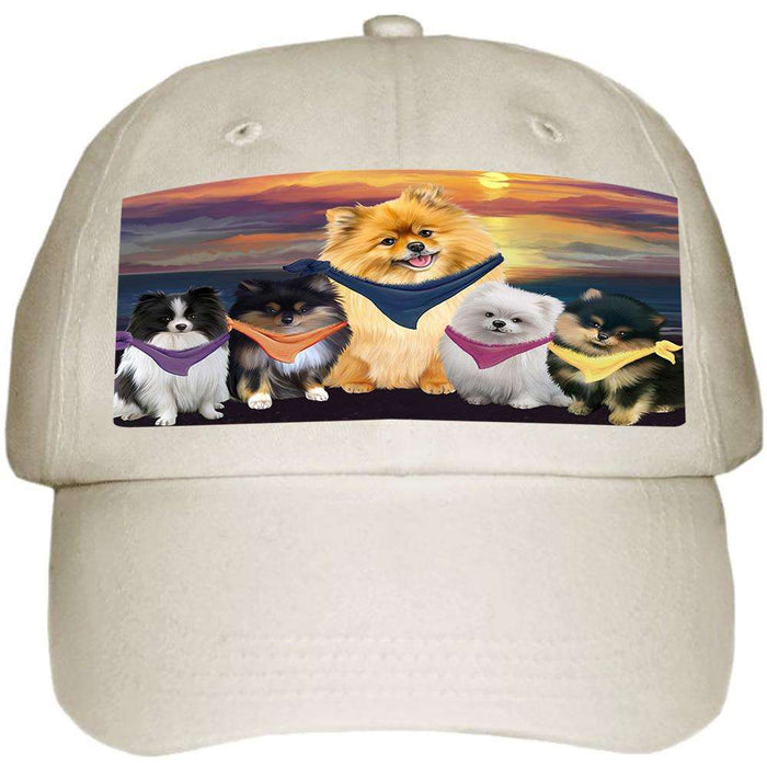 Family Sunset Portrait Pomeranians Dog Ball Hat Cap HAT54540