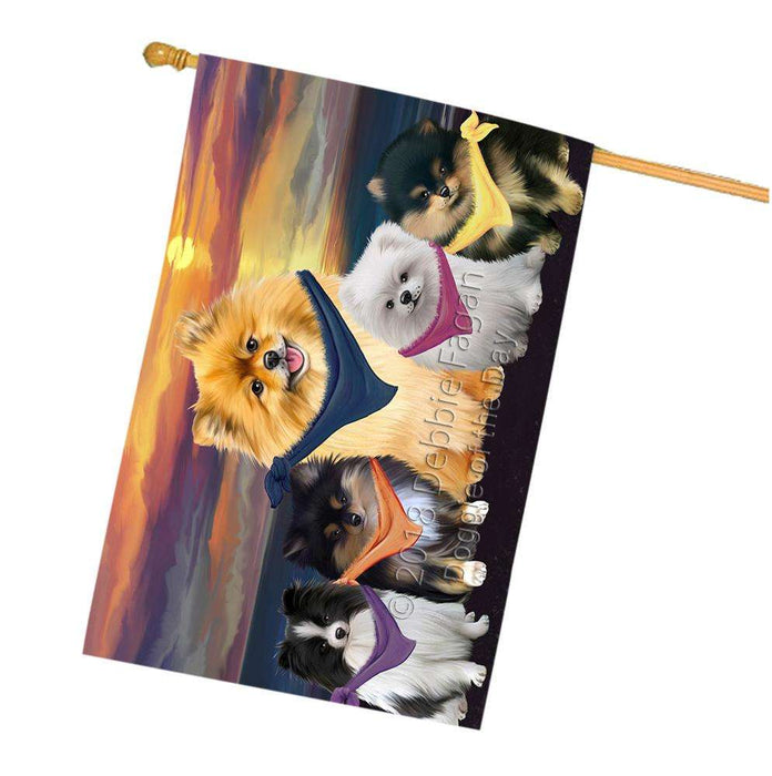 Family Sunset Portrait Pomeranians Dog House Flag FLG50286