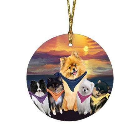 Family Sunset Portrait Pomeranians Dog Round Flat Christmas Ornament RFPOR50254