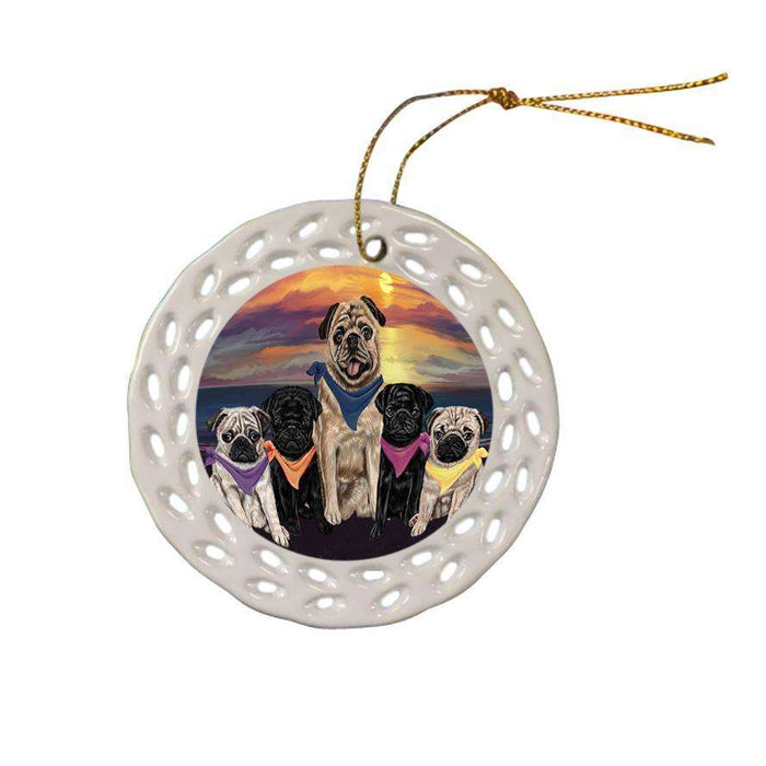 Family Sunset Portrait Pugs Dog Ceramic Doily Ornament DPOR50265