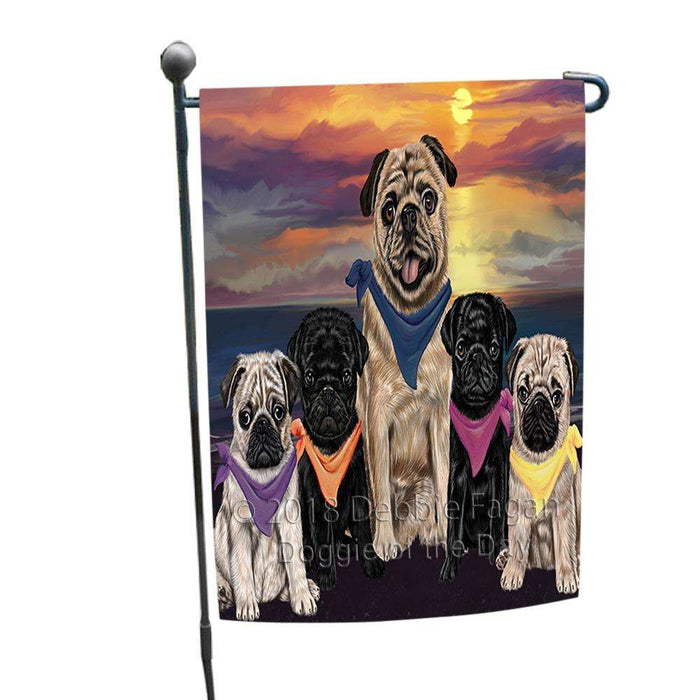 Family Sunset Portrait Pugs Dog Garden Flag GFLG50152