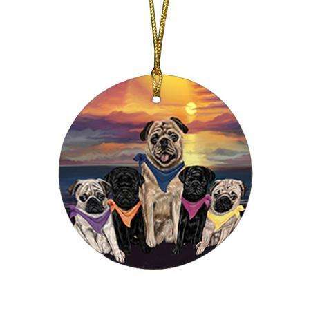 Family Sunset Portrait Pugs Dog Round Flat Christmas Ornament RFPOR50256