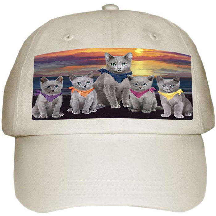 Family Sunset Portrait Russian Blue Cats Ball Hat Cap HAT61206