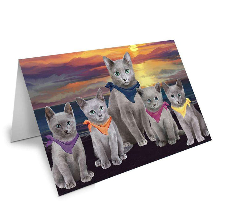 Family Sunset Portrait Russian Blue Cats Handmade Artwork Assorted Pets Greeting Cards and Note Cards with Envelopes for All Occasions and Holiday Seasons GCD61502