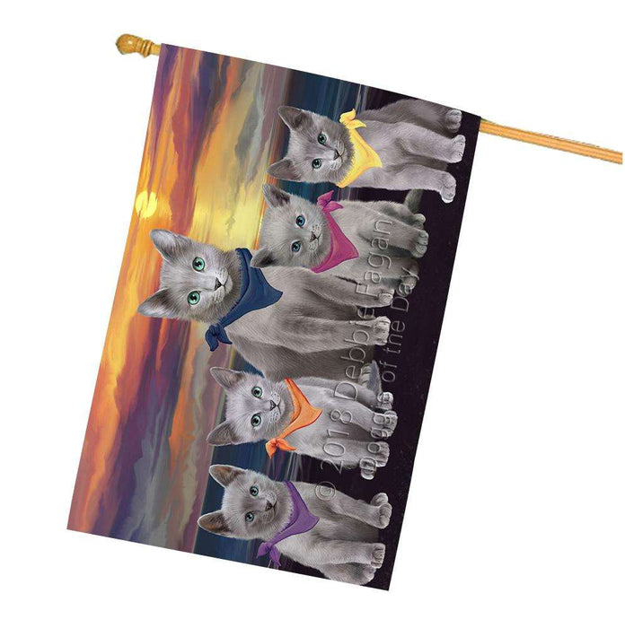 Family Sunset Portrait Russian Blue Cats House Flag FLG52572