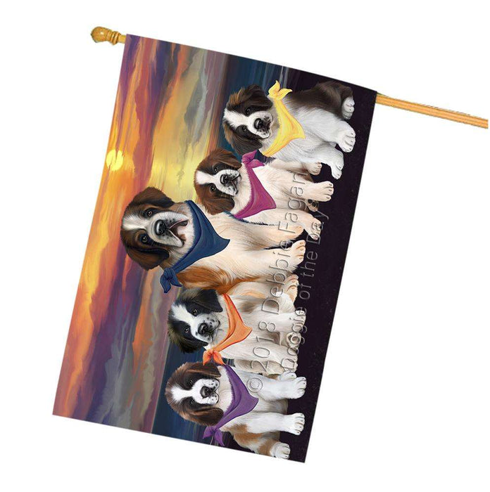 Family Sunset Portrait Saint Bernards Dog House Flag FLG50292