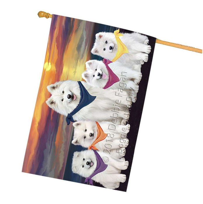 Family Sunset Portrait Samoyeds Dog House Flag FLG50293