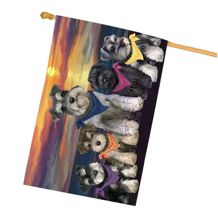 Family Sunset Portrait Schnauzers Dog House Flag FLG50294
