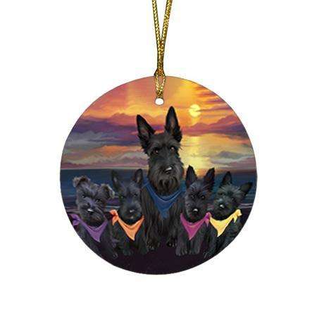Family Sunset Portrait Scottish Terriers Dog Round Flat Christmas Ornament RFPOR50263