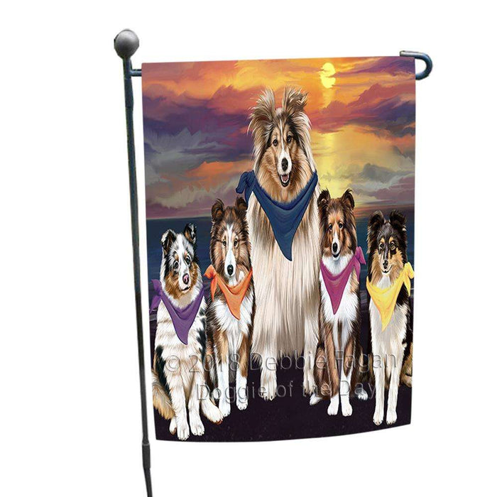 Family Sunset Portrait Shetland Sheepdogs Dog Garden Flag GFLG50161