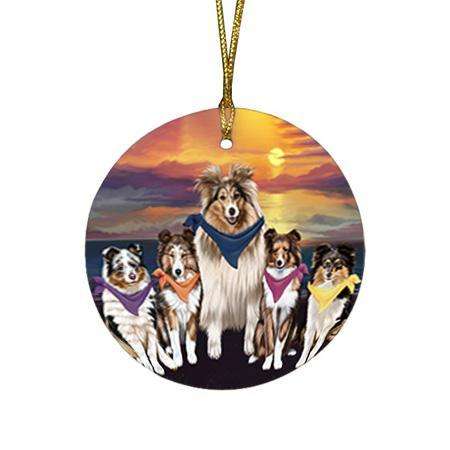 Family Sunset Portrait Shetland Sheepdogs Dog Round Flat Christmas Ornament RFPOR50265