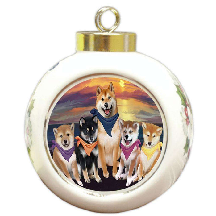 Family Sunset Portrait Shiba Inus Dog Round Ball Christmas Ornament RBPOR50275