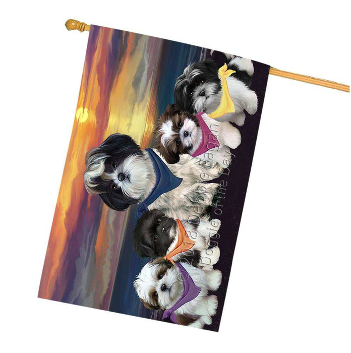 Family Sunset Portrait Shih Tzus Dog House Flag FLG50299