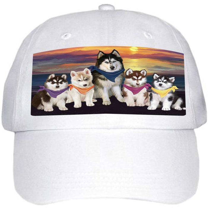 Family Sunset Portrait Siberian Huskies Dog Ball Hat Cap HAT54582