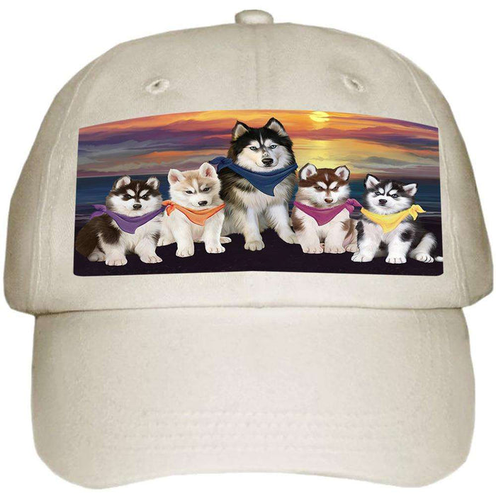 Family Sunset Portrait Siberian Huskies Dog Ball Hat Cap HAT54582