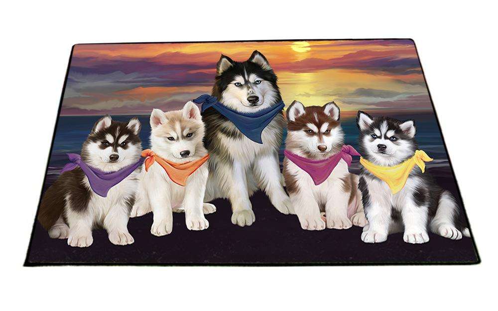 Family Sunset Portrait Siberian Huskies Dog Floormat FLMS50571