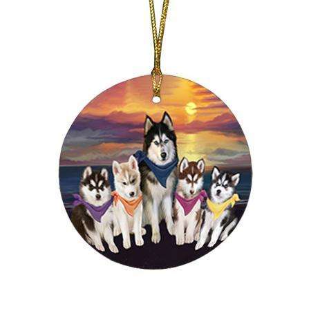 Family Sunset Portrait Siberian Huskies Dog Round Flat Christmas Ornament RFPOR50268