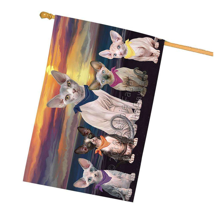 Family Sunset Portrait Sphynx Cats House Flag FLG52574