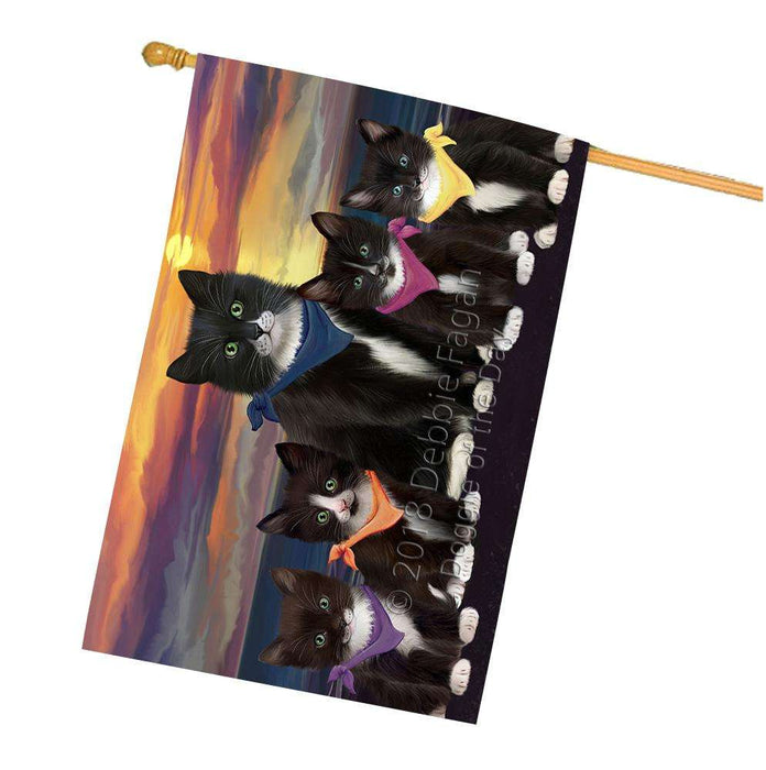 Family Sunset Portrait Tuxedo Cats House Flag FLG52575