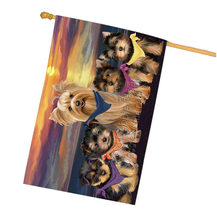 Family Sunset Portrait Yorkshire Terriers Dog House Flag FLG50307