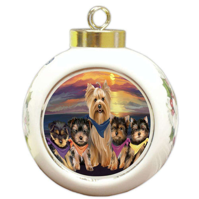 Family Sunset Portrait Yorkshire Terriers Dog Round Ball Christmas Ornament RBPOR50284