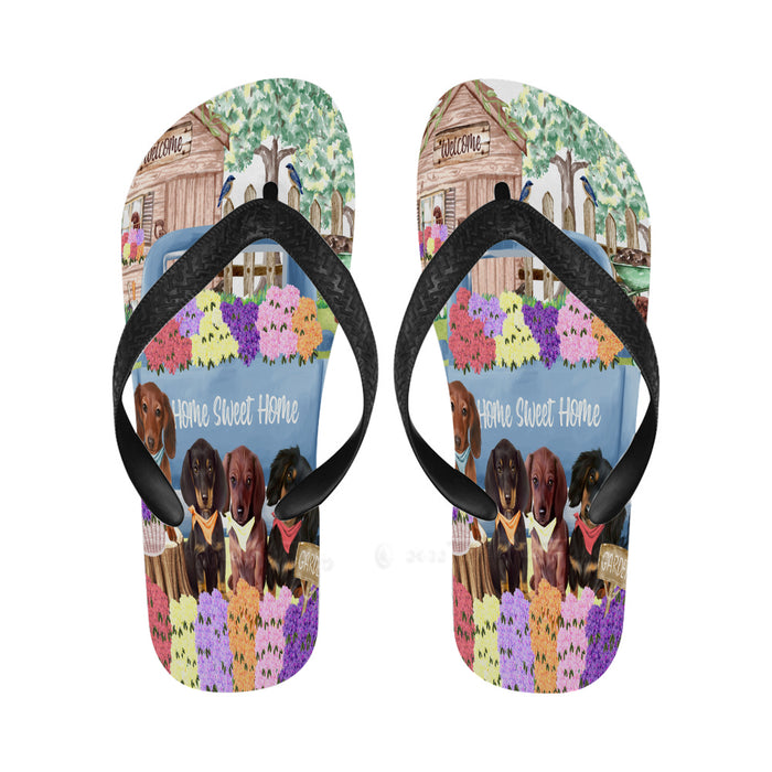 Rhododendron Home Sweet Home Garden Blue Truck Dachshund Dog Flip Flops for Men/Women