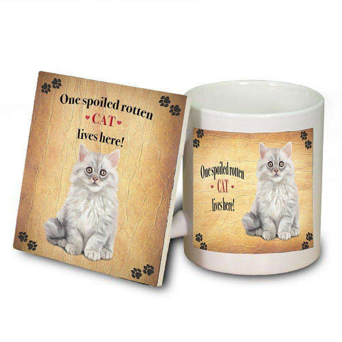 Fluffy Longhair Spoiled Rotten Cat Coaster and Mug Combo Gift Set