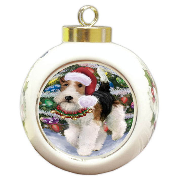 Trotting in the Snow Fox Terrier Dog Round Ball Christmas Ornament RBPOR58452