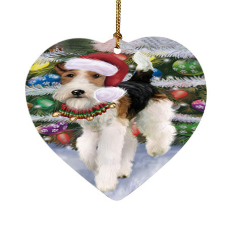 Trotting in the Snow Fox Terrier Dog Heart Christmas Ornament HPORA58457