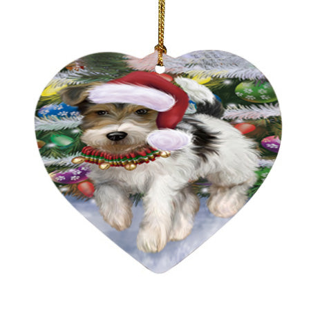 Trotting in the Snow Fox Terrier Dog Heart Christmas Ornament HPORA58458
