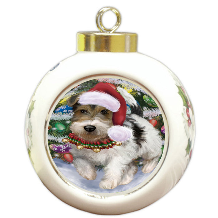 Trotting in the Snow Fox Terrier Dog Round Ball Christmas Ornament RBPOR58453