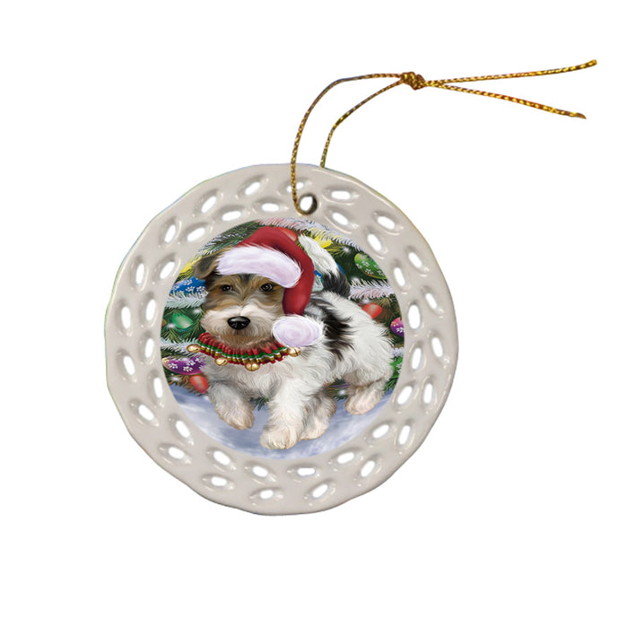 Trotting in the Snow Fox Terrier Dog Doily Ornament DPOR58109