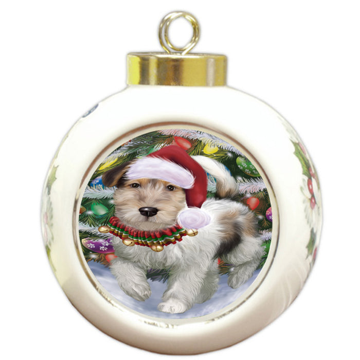 Trotting in the Snow Fox Terrier Dog Round Ball Christmas Ornament RBPOR58454