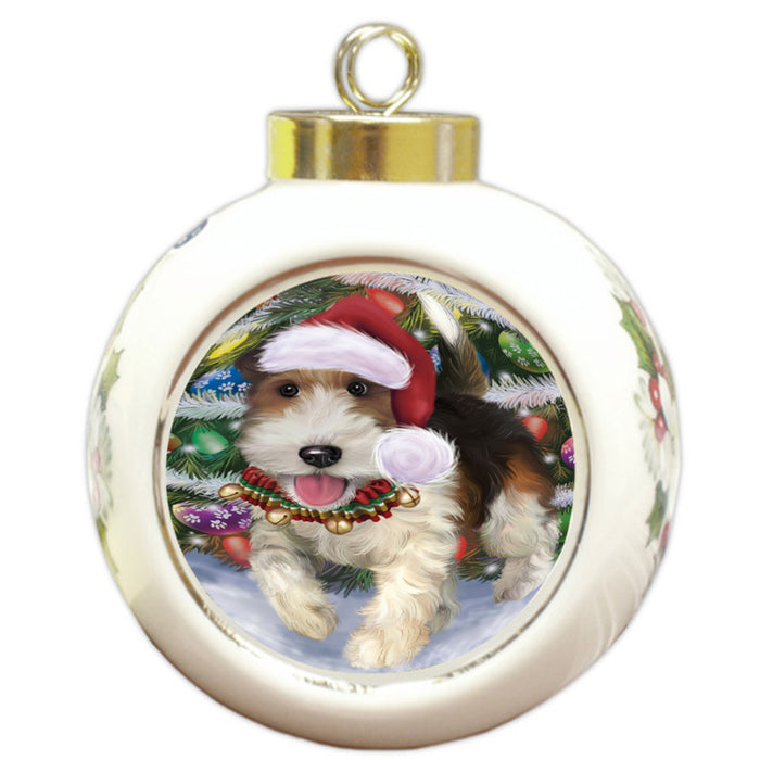 Trotting in the Snow Fox Terrier Dog Round Ball Christmas Ornament RBPOR58455