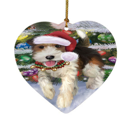 Trotting in the Snow Fox Terrier Dog Heart Christmas Ornament HPORA58460