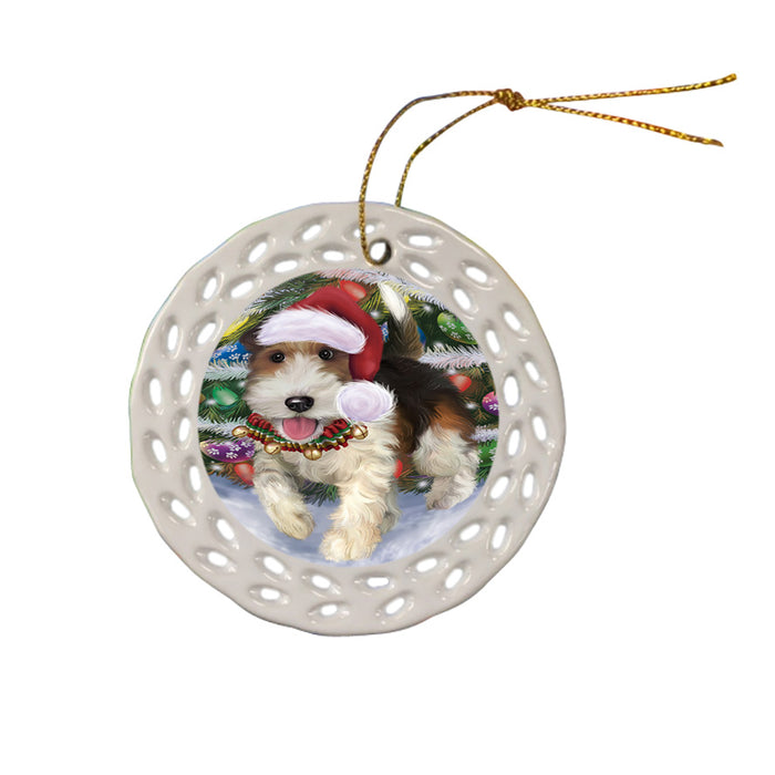 Trotting in the Snow Fox Terrier Dog Doily Ornament DPOR58111