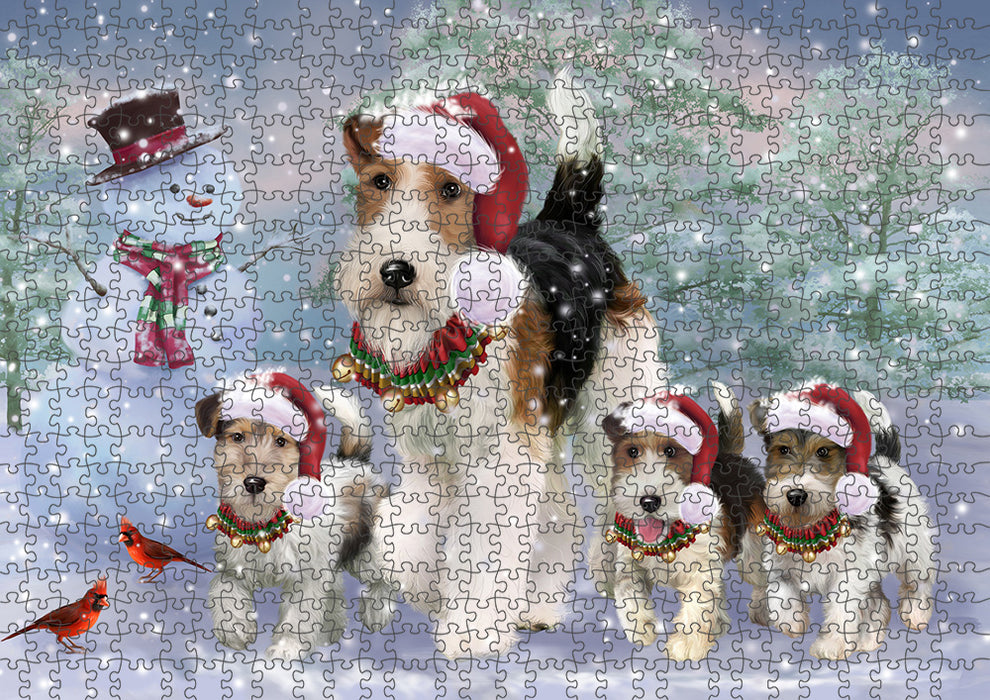 Christmas Running Family Fox Terrier Dogs Portrait Jigsaw Puzzle for Adults Animal Interlocking Puzzle Game Unique Gift for Dog Lover's with Metal Tin Box