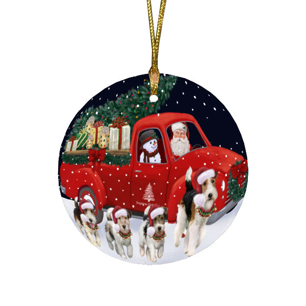 Christmas Express Delivery Red Truck Running Fox Terrier Dogs Round Flat Christmas Ornament RFPOR57749