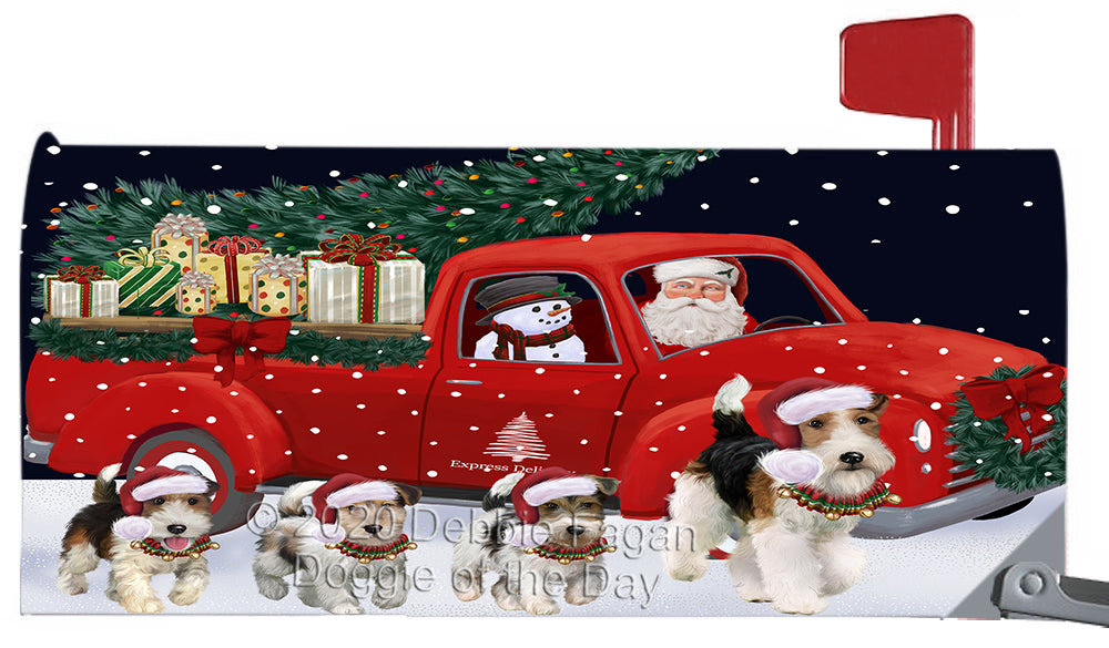 Christmas Express Delivery Red Truck Running Wire Fox Terrier Dog Magnetic Mailbox Cover Both Sides Pet Theme Printed Decorative Letter Box Wrap Case Postbox Thick Magnetic Vinyl Material