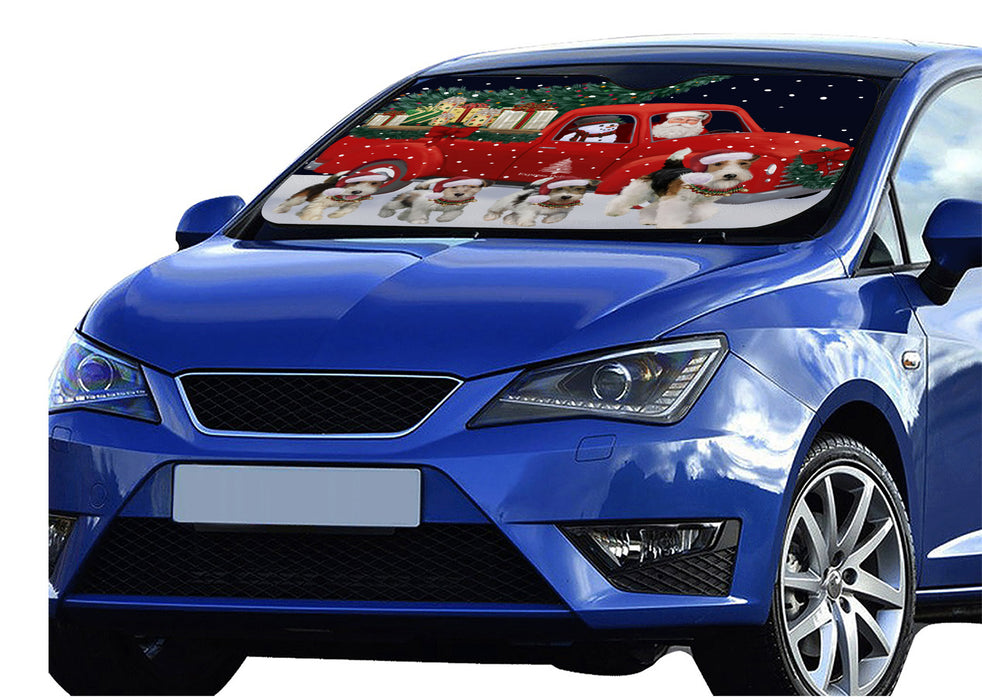 Christmas Express Delivery Red Truck Running Wire Fox Terrier Dog Car Sun Shade Cover Curtain